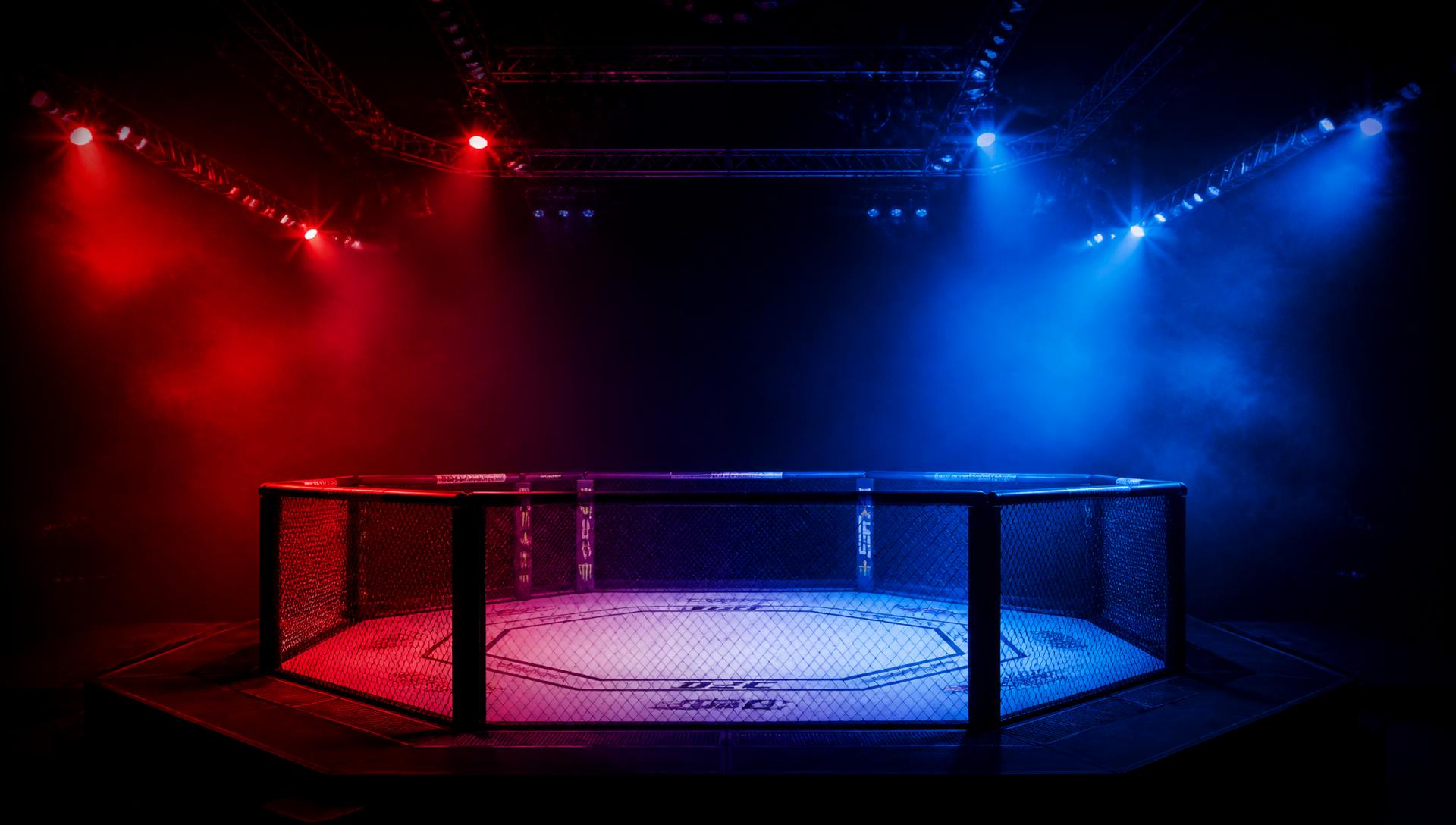 Empty octagon under red and blue arena floodlights